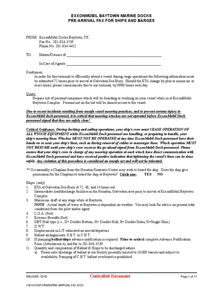 Pre-Arrival Checklist for ExxonMobil Docks | PDF | Ships | Sailor