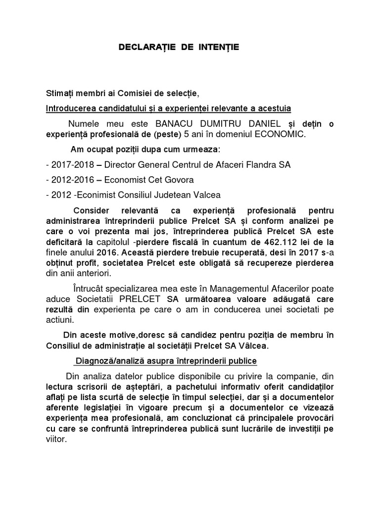 Declaratie de Intentie MODEL | PDF