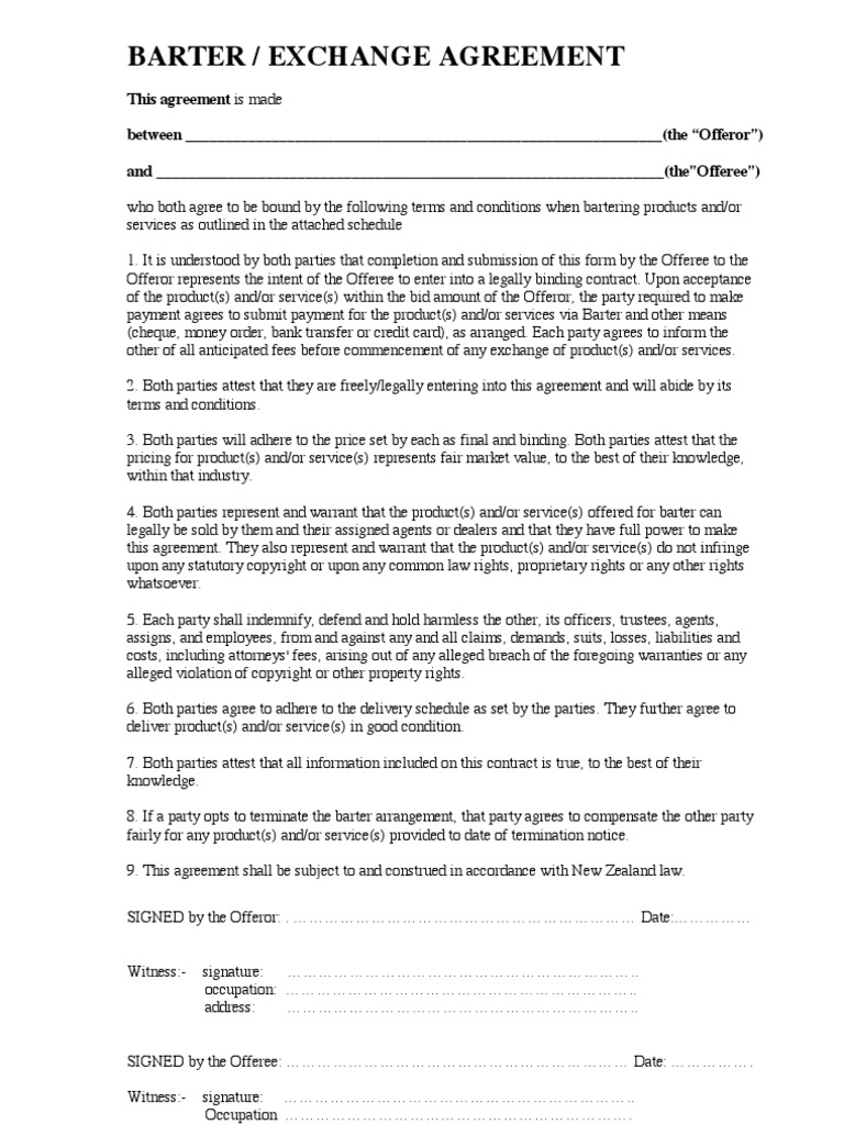 Barter Exchange Agreement PDF Offer And Acceptance Payments