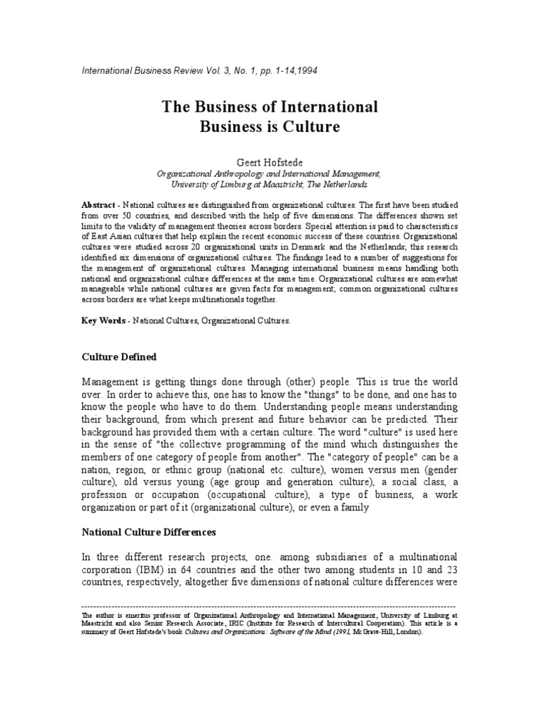 Hofstede Geert 1994 The Business Of International Business Is Culture Collectivism Organizational Culture