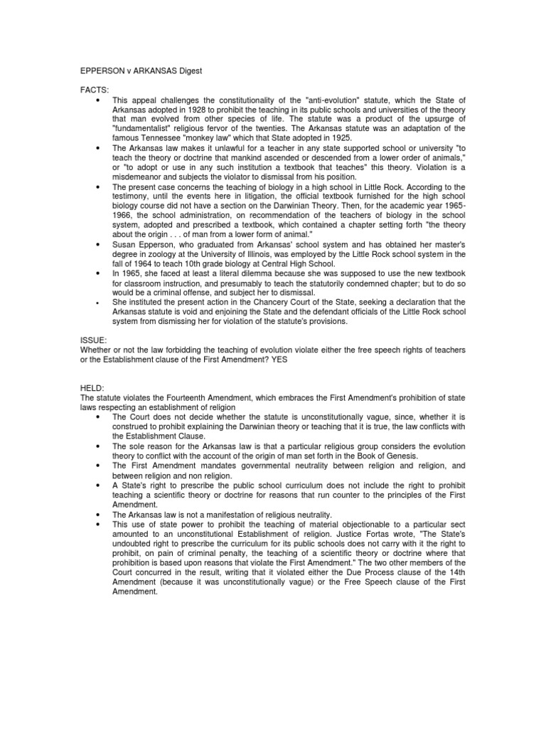 EPPERSON V ARKANSAS Digest PDF First Amendment To The United States