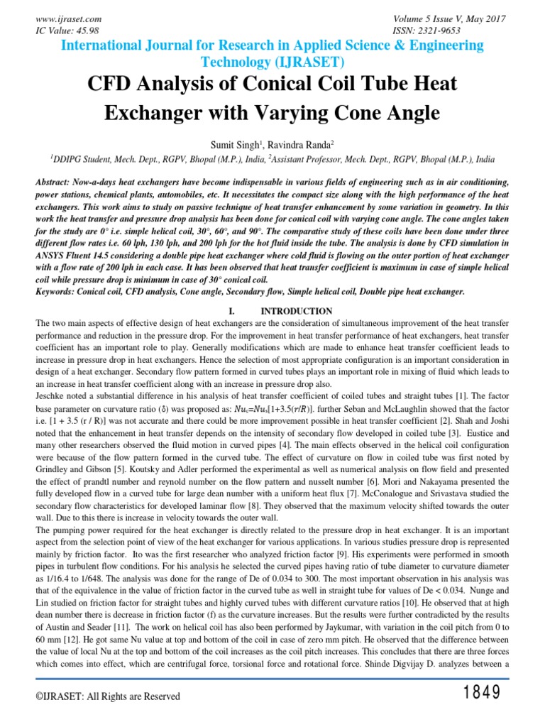 CFD Analysis of Conical Coil Tube Heat Exchanger With Varying Cone ...