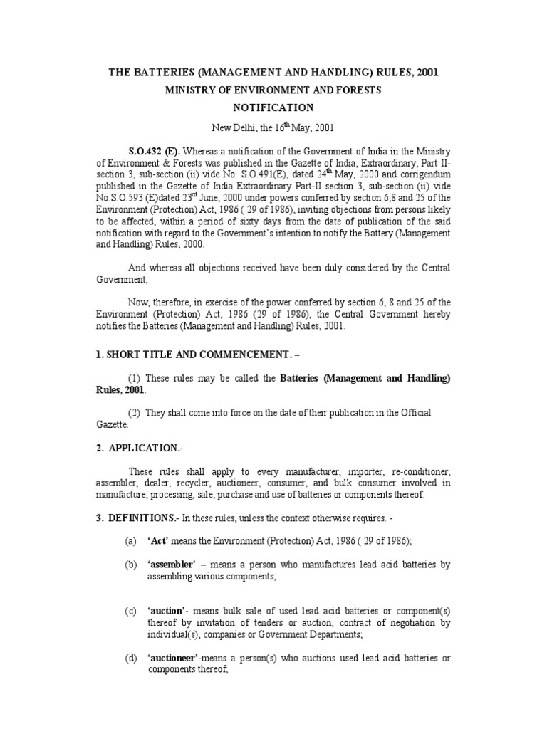 The Batteries (Management and Handling) Rules, 2001 PDF Waste