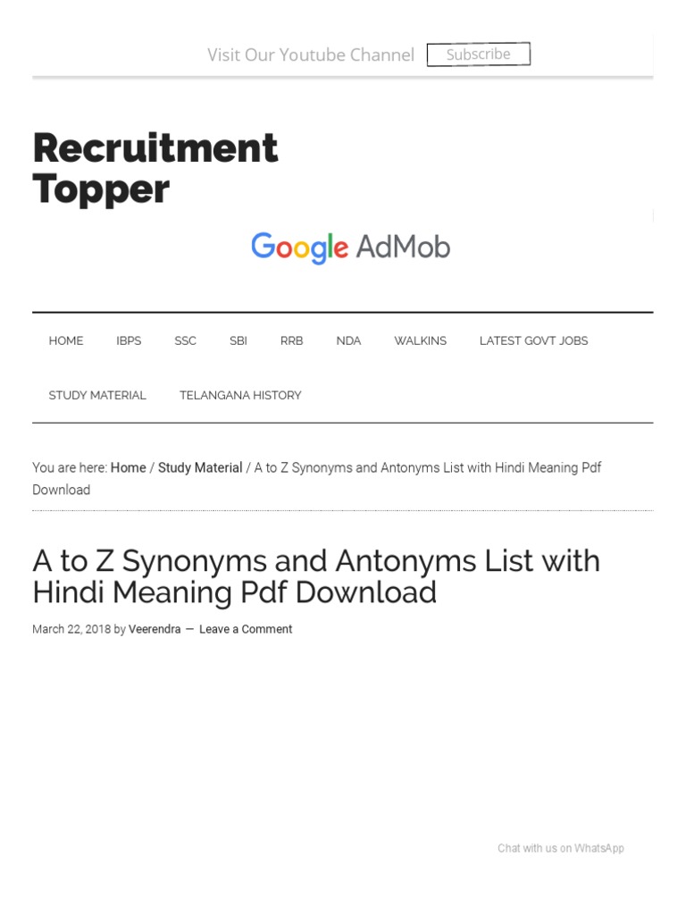 A To Z Synonyms And Antonyms List With Hindi Meaning Pdf Download -  Recruitment Topper Pdf | Pdf | Courage | Ethical Principles