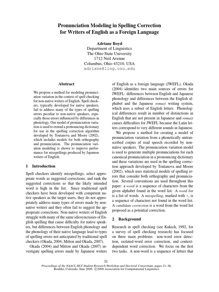 Pronunciation Modeling for EFL Spell Checking | PDF | Spelling ...