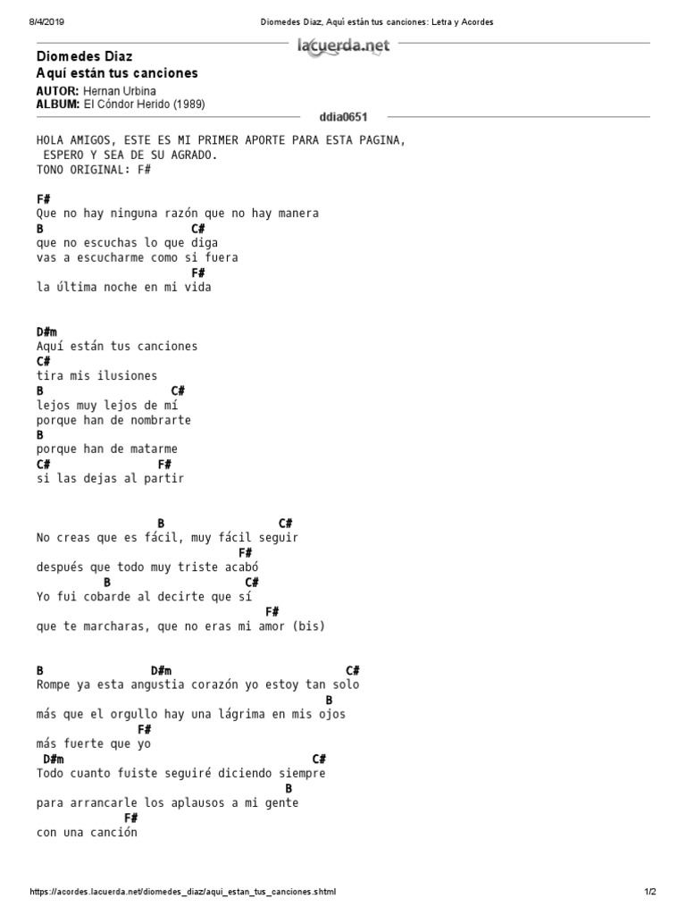 Diomedes Diaz Aqui Estan Tus Canciones Letra Y Acordes Ocio