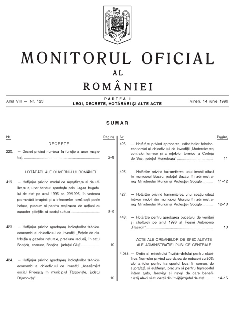Monitorul Oficial Al României. Partea I 1996-06-14, Nr. 123 | PDF