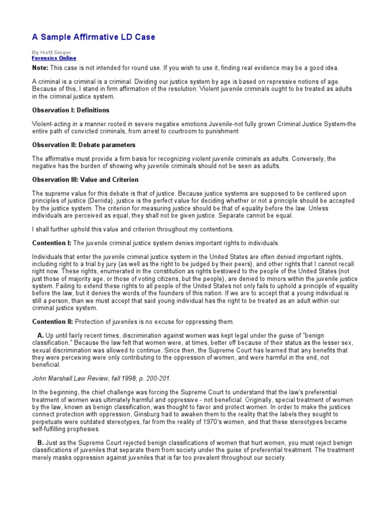 A Sample Affirmative LD Case Minor (Law) Crimes