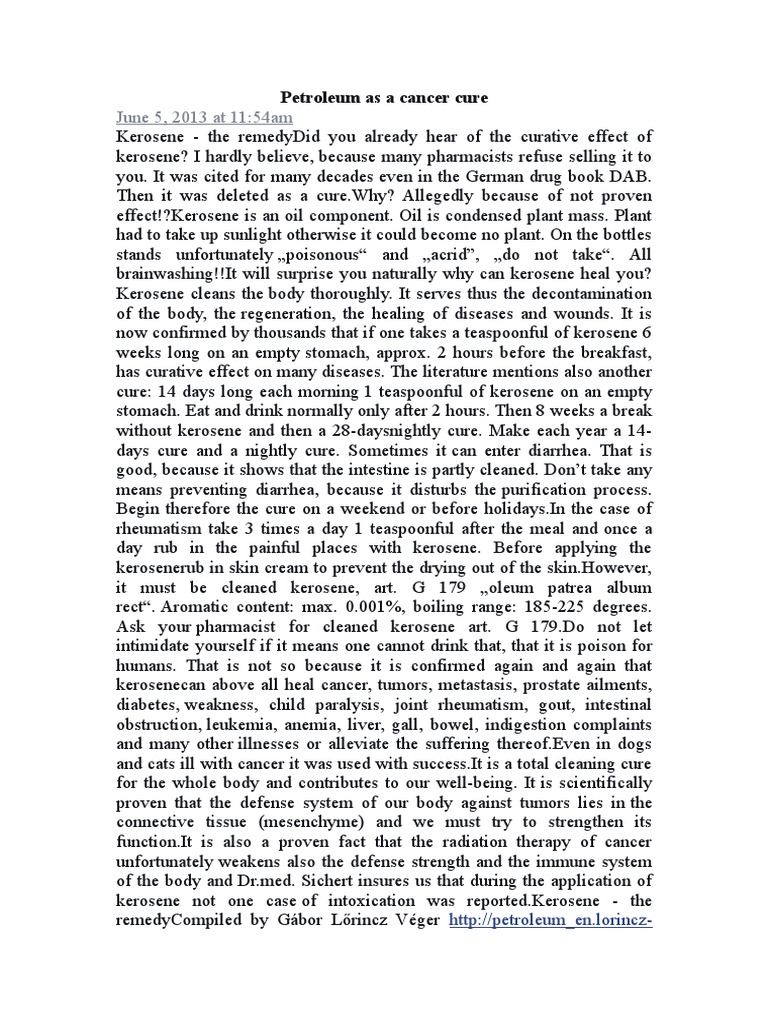 Petroleum As A Cancer Cure PDF Cancer Kerosene