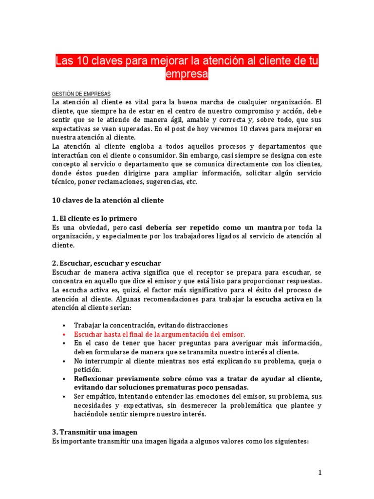 10 Claves para Mejorar la Atención al Cliente | PDF | Servicio al ...