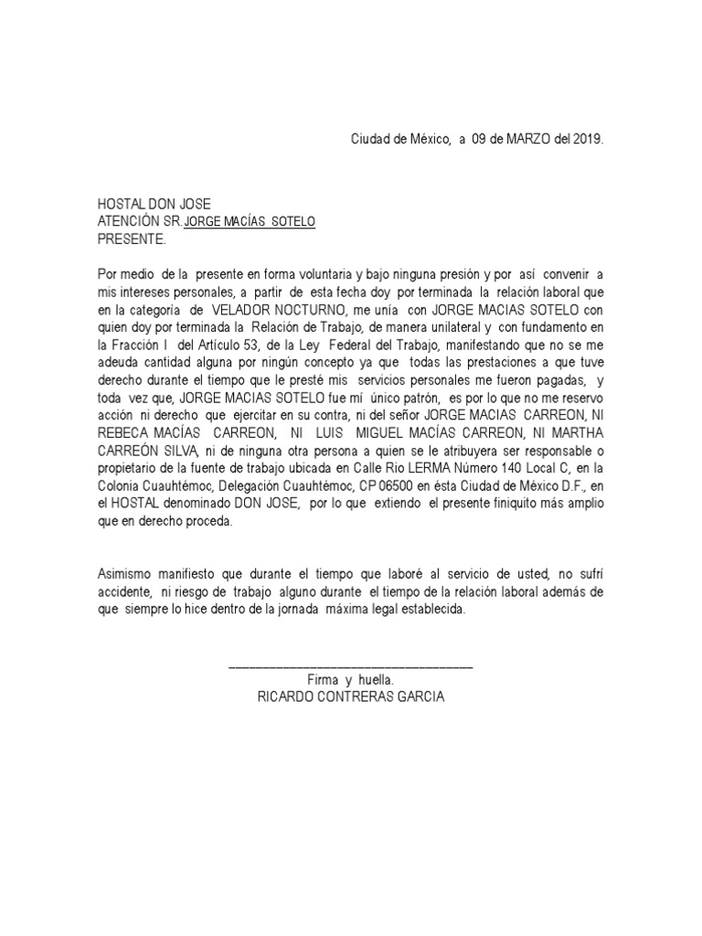 Formato de Renuncia y de Recibo Finiquito Política