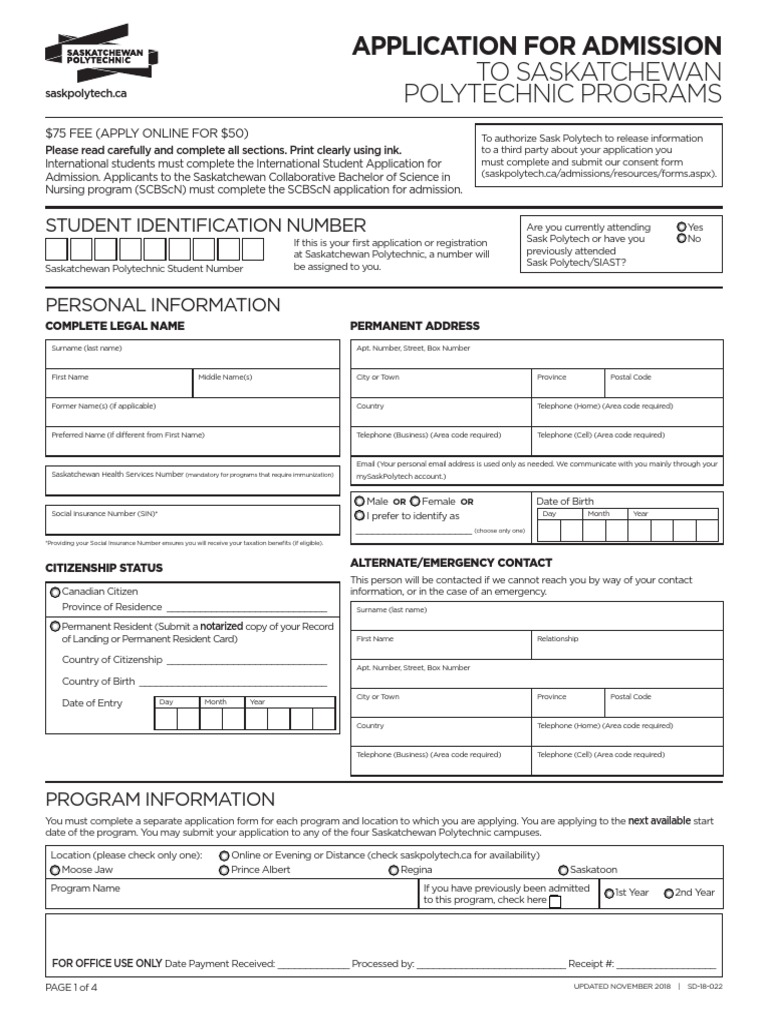Application For Admission To Saskatchewan Polytechnic Programs Form