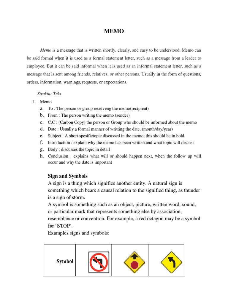 Memo Structure and Sign Symbols Guide | PDF | Symbols