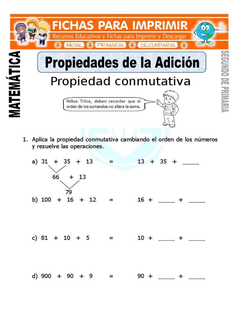 Ficha de Propiedades de La Suma Para Segundo de Primaria