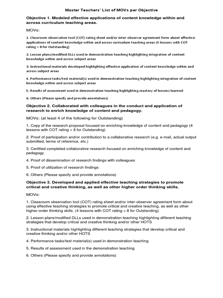 MOVs for Master Teachers 2025 Guide | PDF | Educational Assessment ...
