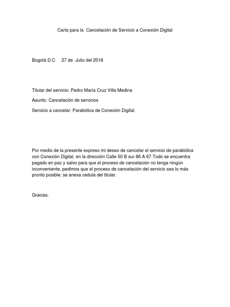 Carta Para La Cancelaci n De Servicio A Conexi n Digital docx