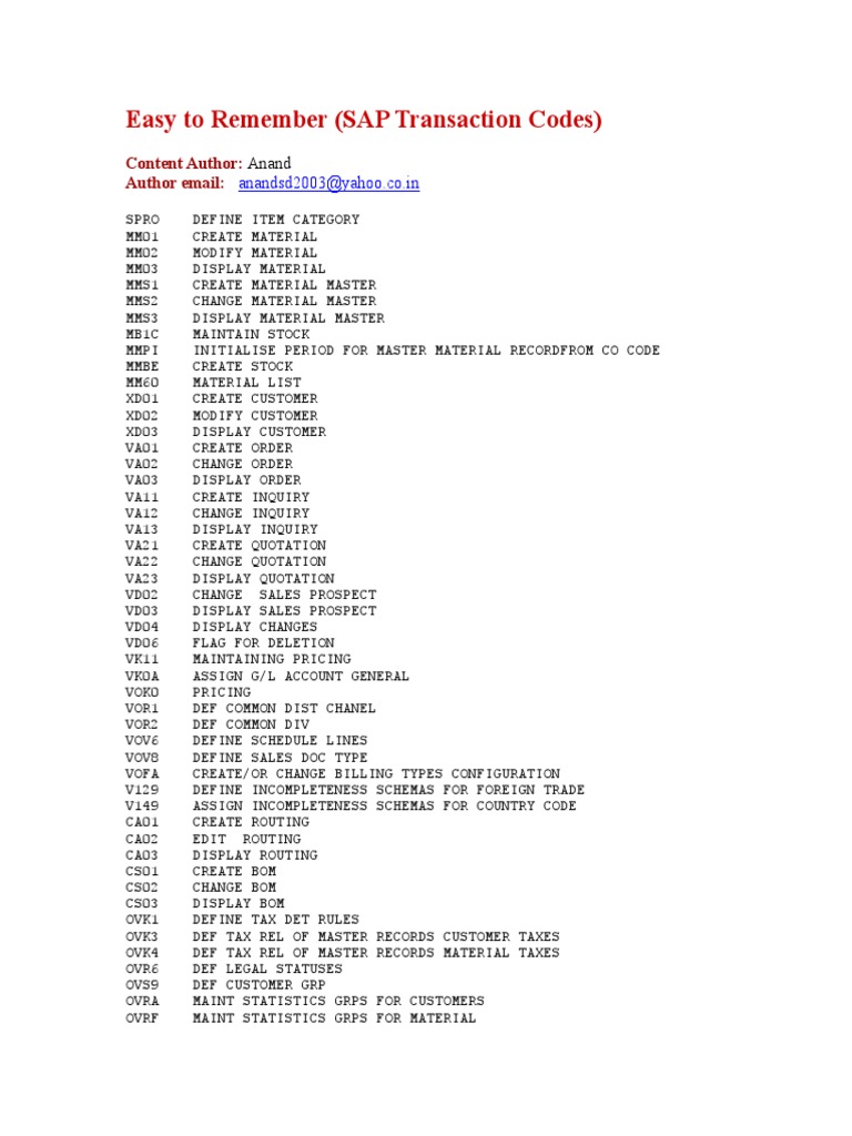 SAP Transaction Codes Overview | PDF | Invoice | Business