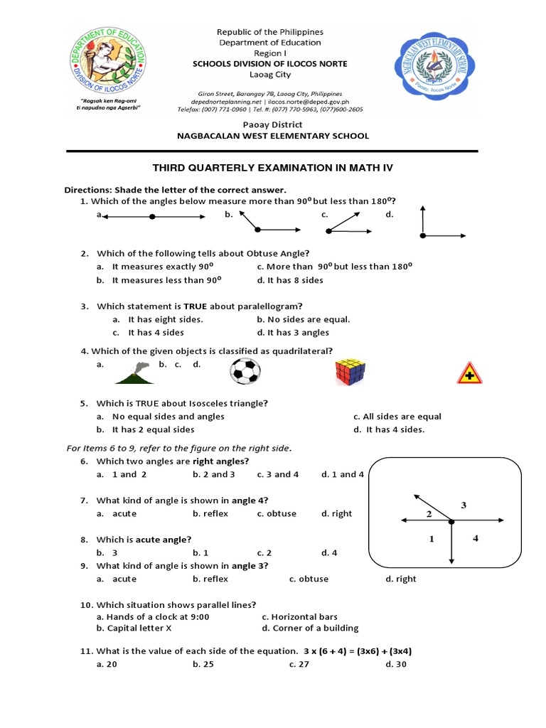 Math IV Third Quarterly Exam Guide | PDF | Angle | Euclidean Plane Geometry
