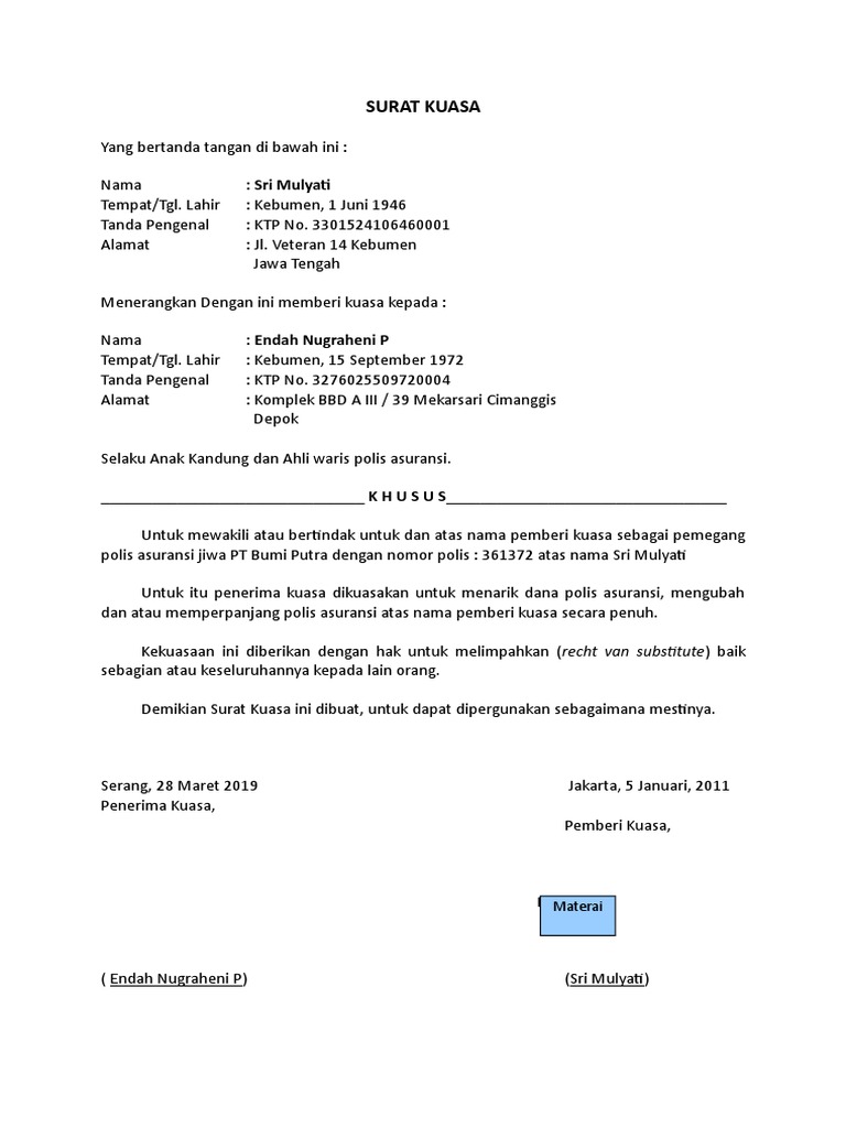 Contoh Surat Kuasa Khusus Polis Asuransi