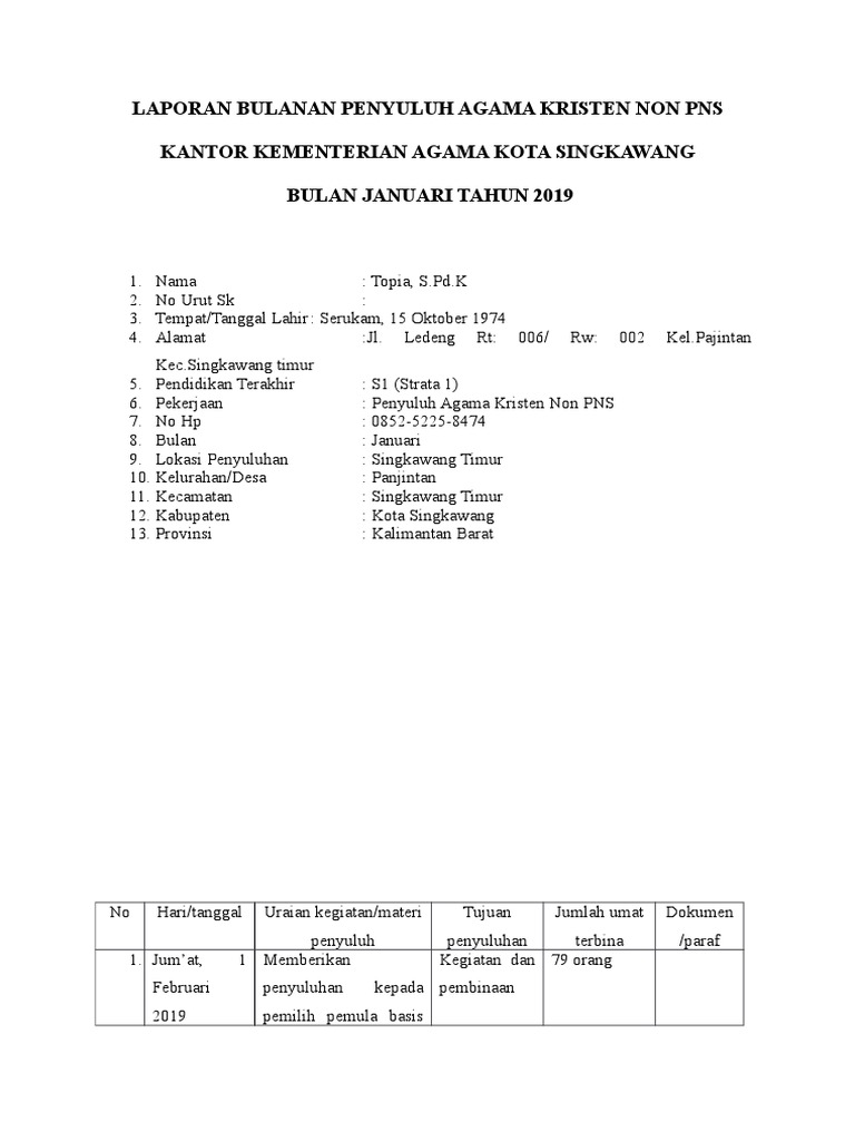 Contoh Laporan Bulanan Penyuluh Agama Kristen Non Pns