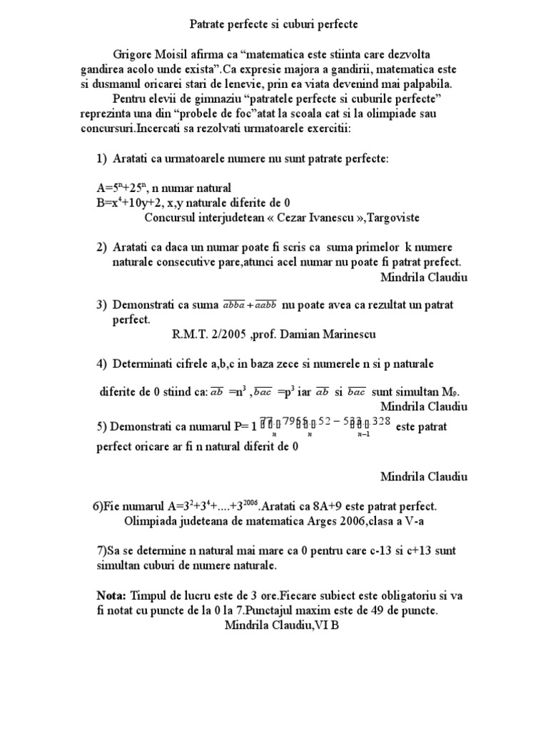 Patrate Perfecte Si Cuburi Perfecte | PDF