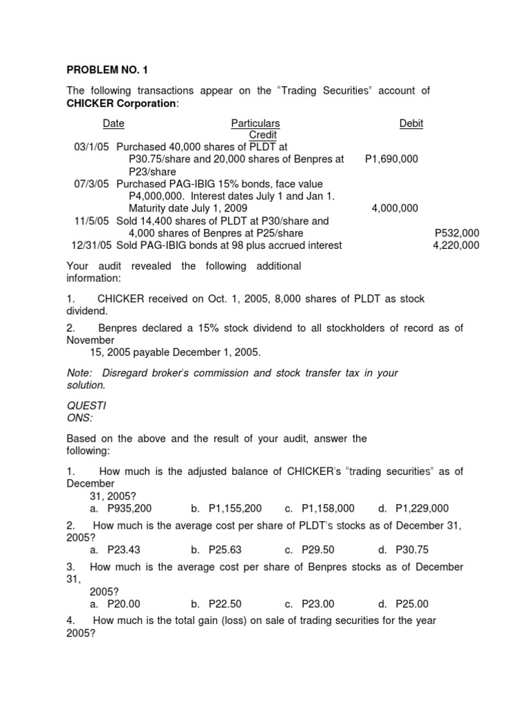 Trading Securities Problem Adjusted Balance Gain Loss | PDF