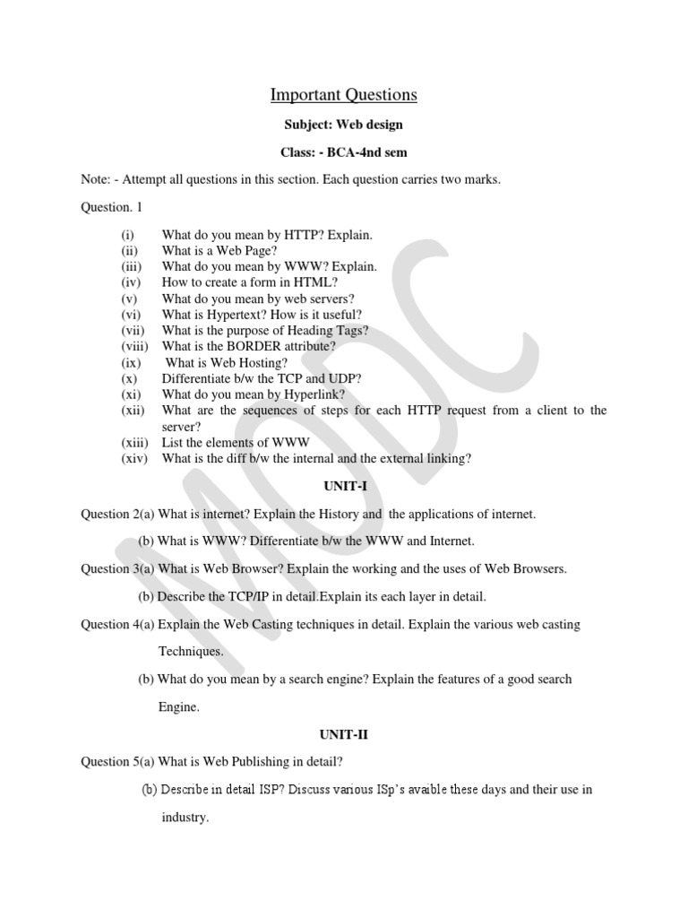 Important Questions: Subject: Web Design Class: - BCA-4nd Sem | PDF ...