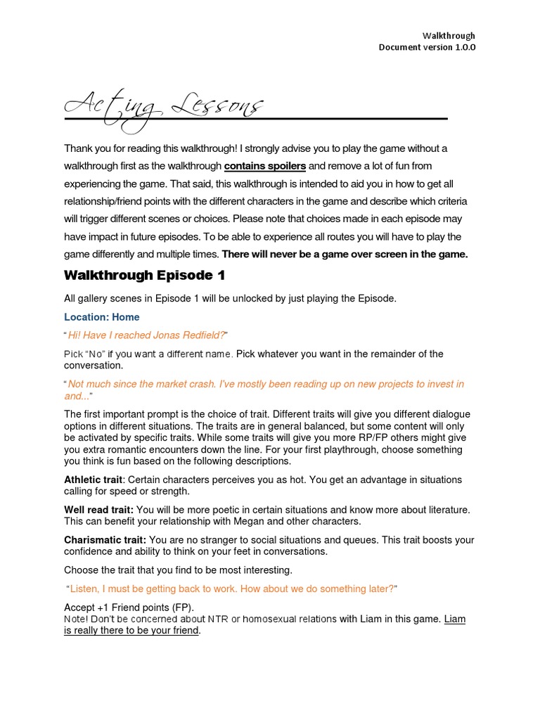 Acting Lessons Walkthrough Guide | PDF | Games & Activities