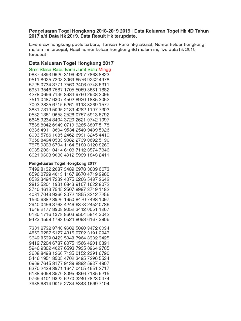 Pengeluaran Togel Hongkong 2018 | Pdf