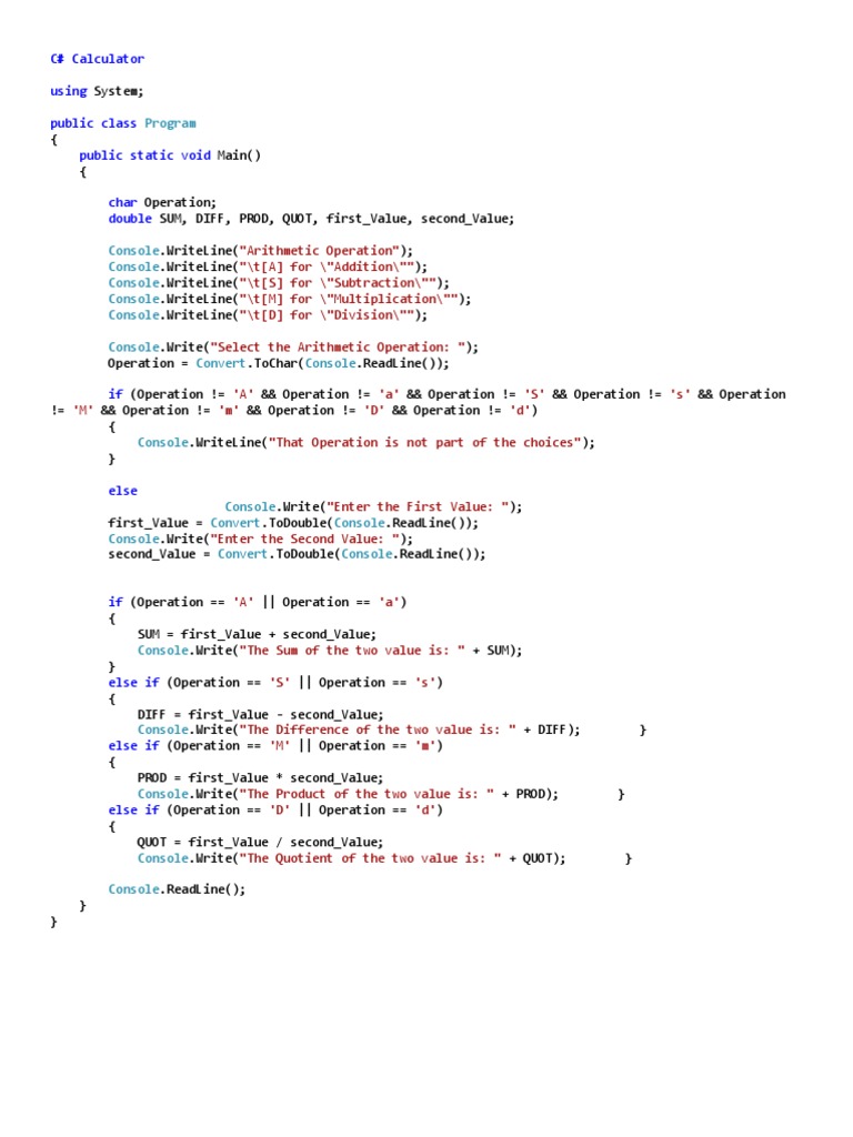 Program: C# Calculator Using Public Class Public Static Void | PDF ...