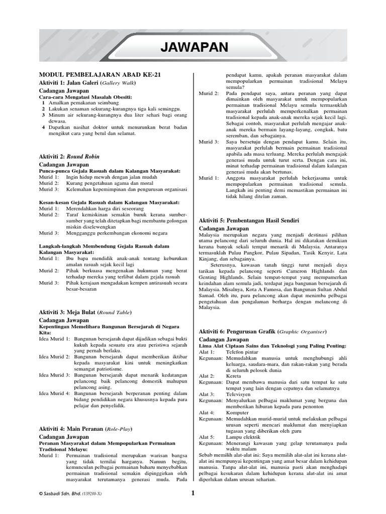 Jawapan Modul Aktiviti Pintar Bestari Bahasa Melayu Tingkatan 2 Pdf