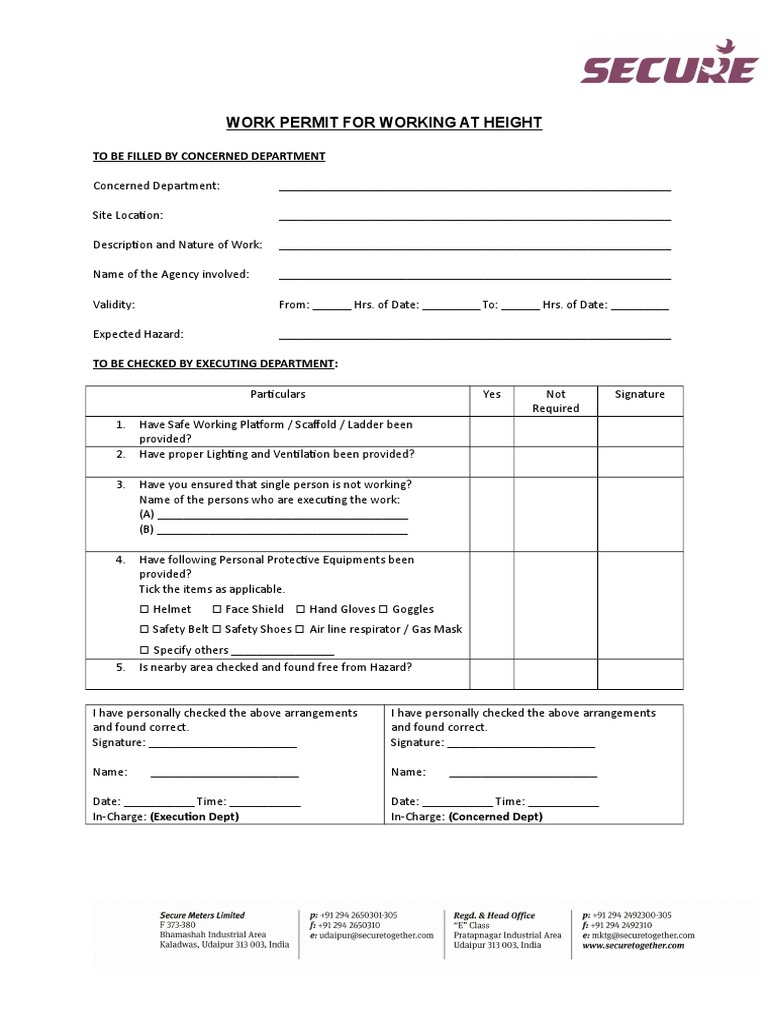 Height Work Permit Checklist | PDF | Personal Protective Equipment ...