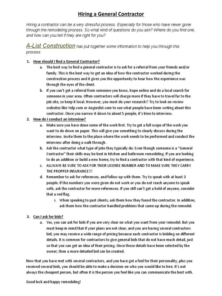 Choosing a General Contractor Guide | PDF | Interview | Real Estate Law