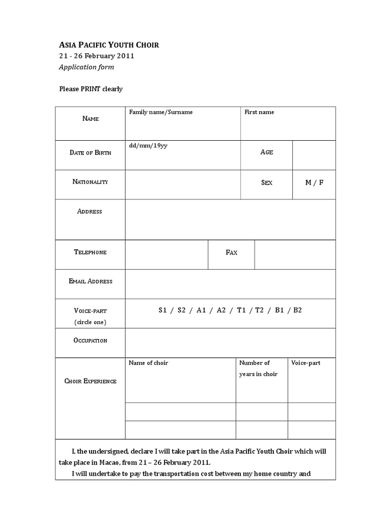 Asia Pacific Youth Choir Application | PDF