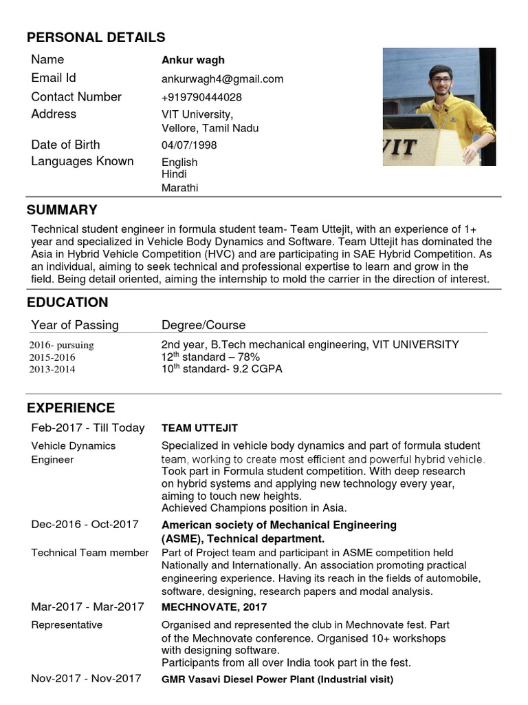 Personal Details Name Email Id Contact Number Address Date of Birth