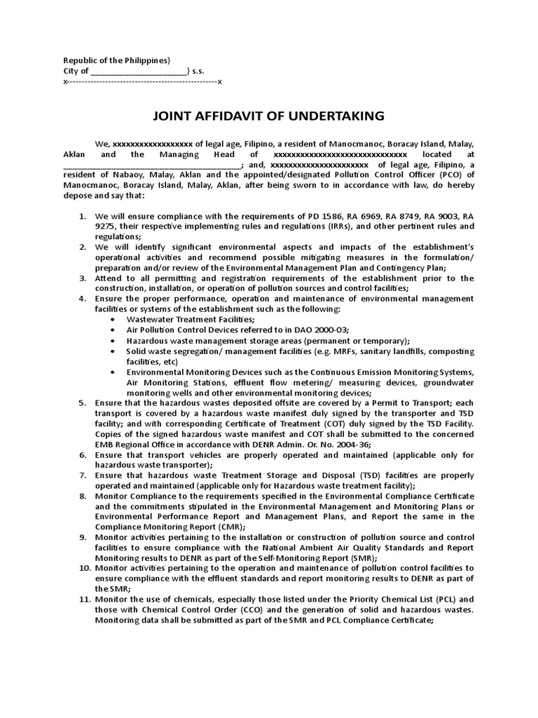 Joint affidavit of undertaking pco mh denr hazardous waste air