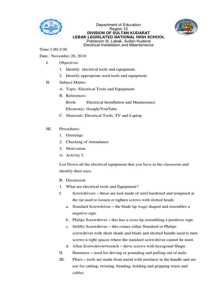 Lesson Plan in TLE Electrical Tools and Eqiupment | PDF | Wire