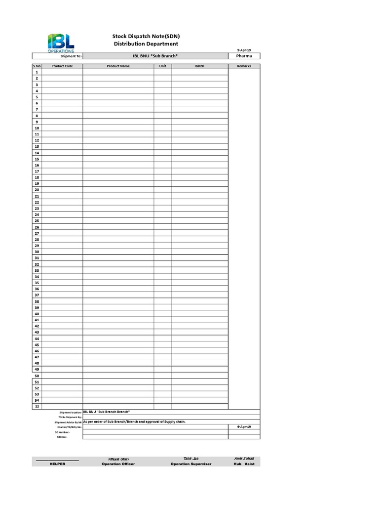 Stock Dispatch Notes for Sub Branches | PDF