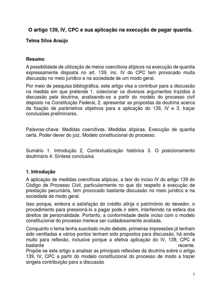 O Artigo 139 IV CPC e Sua Aplicacao Na Execucao de Pagar Quantia PDF ...
