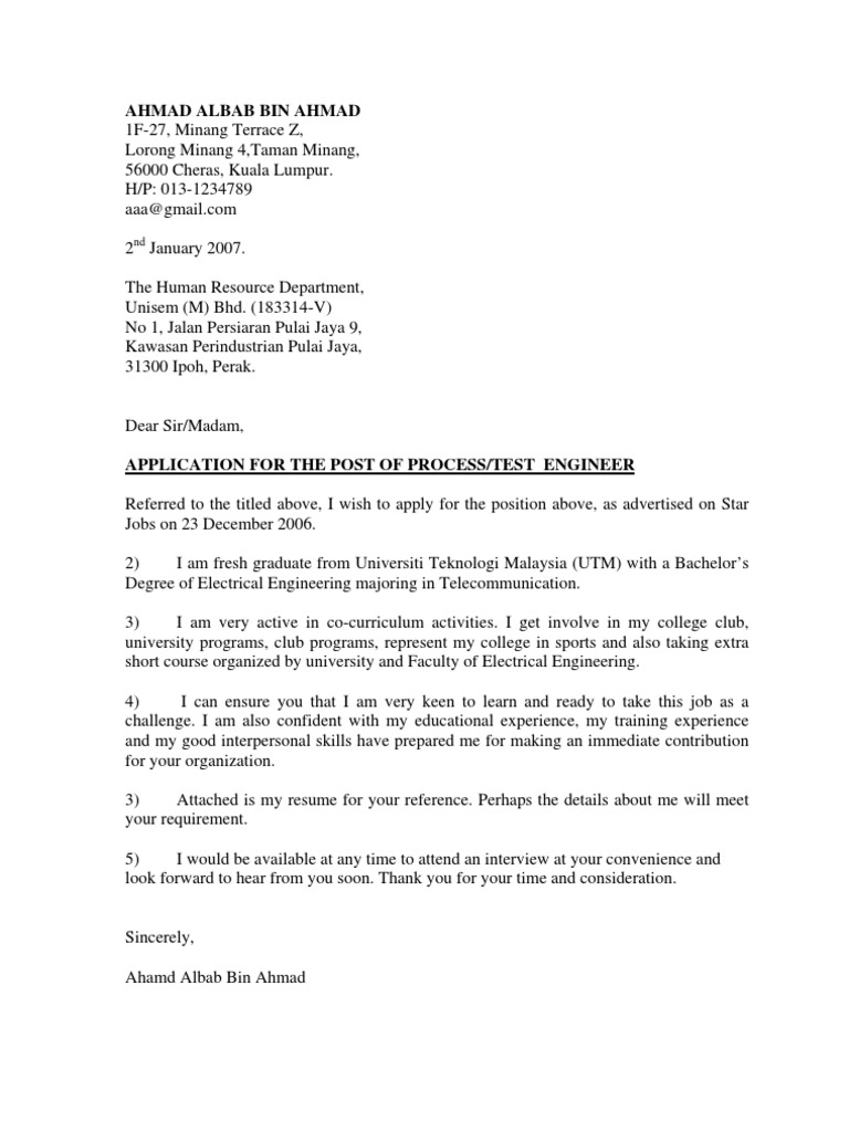 Contoh Cover Letter n Resume  Telecommunication
