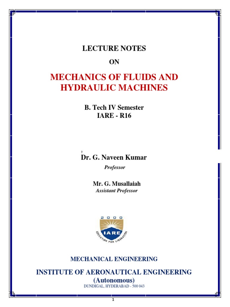 Mechanics of Fluids and Hydraulic Machines Lecture Notes PDF