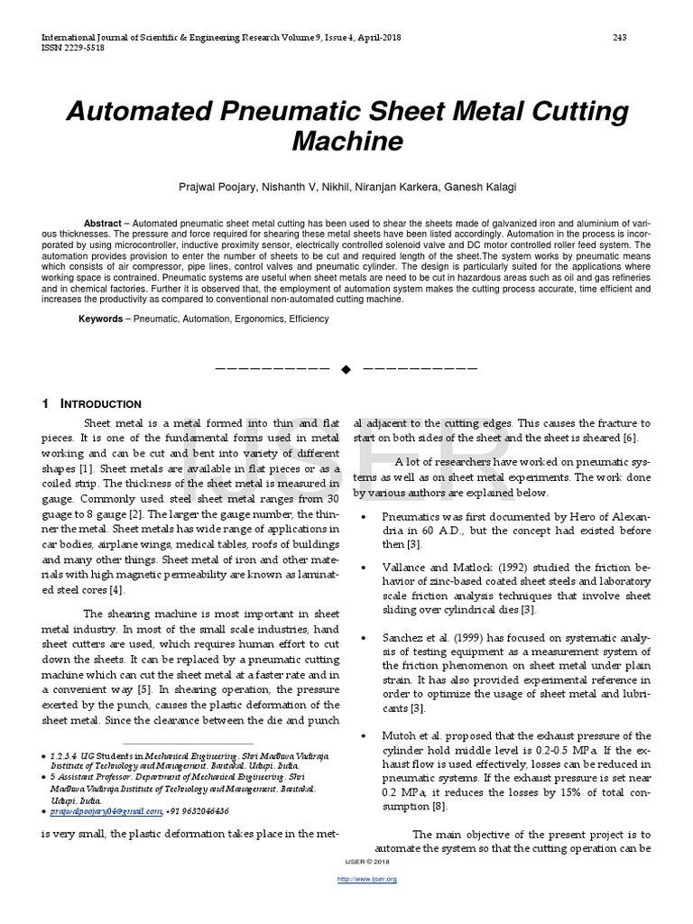 Automated Pneumatic Sheet Metal Cutting Machine PDF Sheet Metal