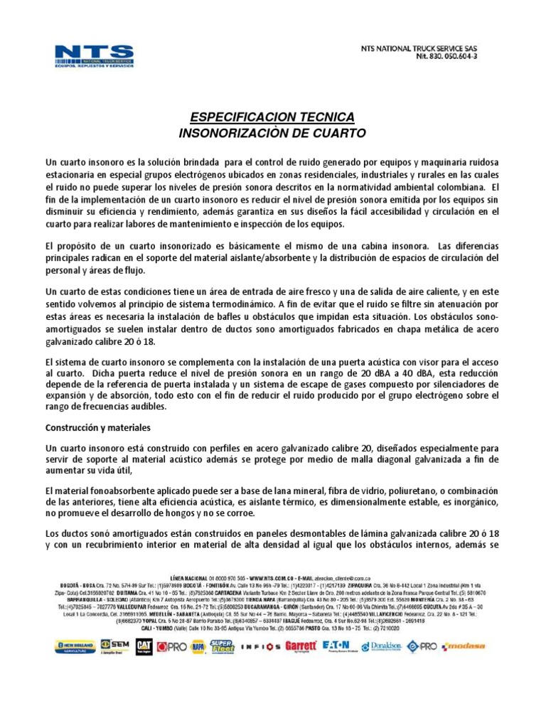 Especificaciones de Cuarto Insonoro | PDF | Aislamiento térmico | Lentes