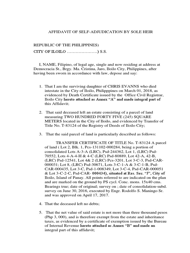 02 AFFIDAVIT OF SELFADJUDICATION BY SOLE HEIR.docx Common Law