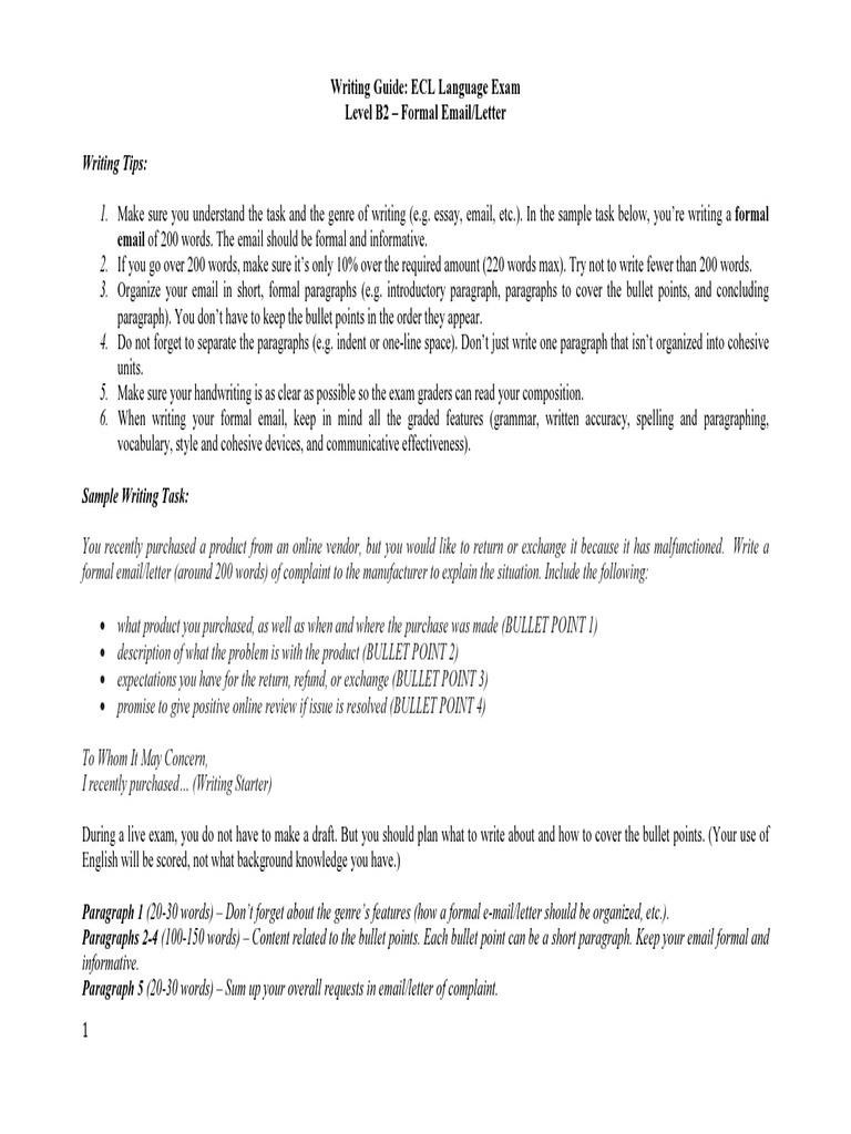ECL Writing Guide Formal Letter B2 PDF Paragraph Vocabulary