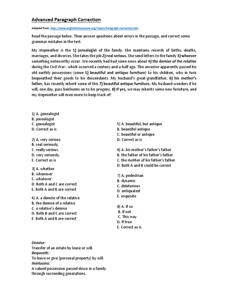 Advanced Paragraph Correction Exercise 1 PDF Genealogy Family