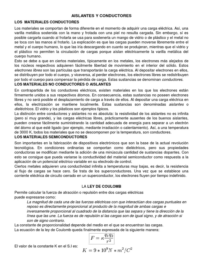 Aislantes y Conductores | PDF | Aislador (Electricidad) | Electricidad