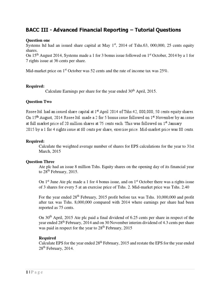 Advanced Financial Reporting Tutorial Questions. (4) Docx | PDF ...
