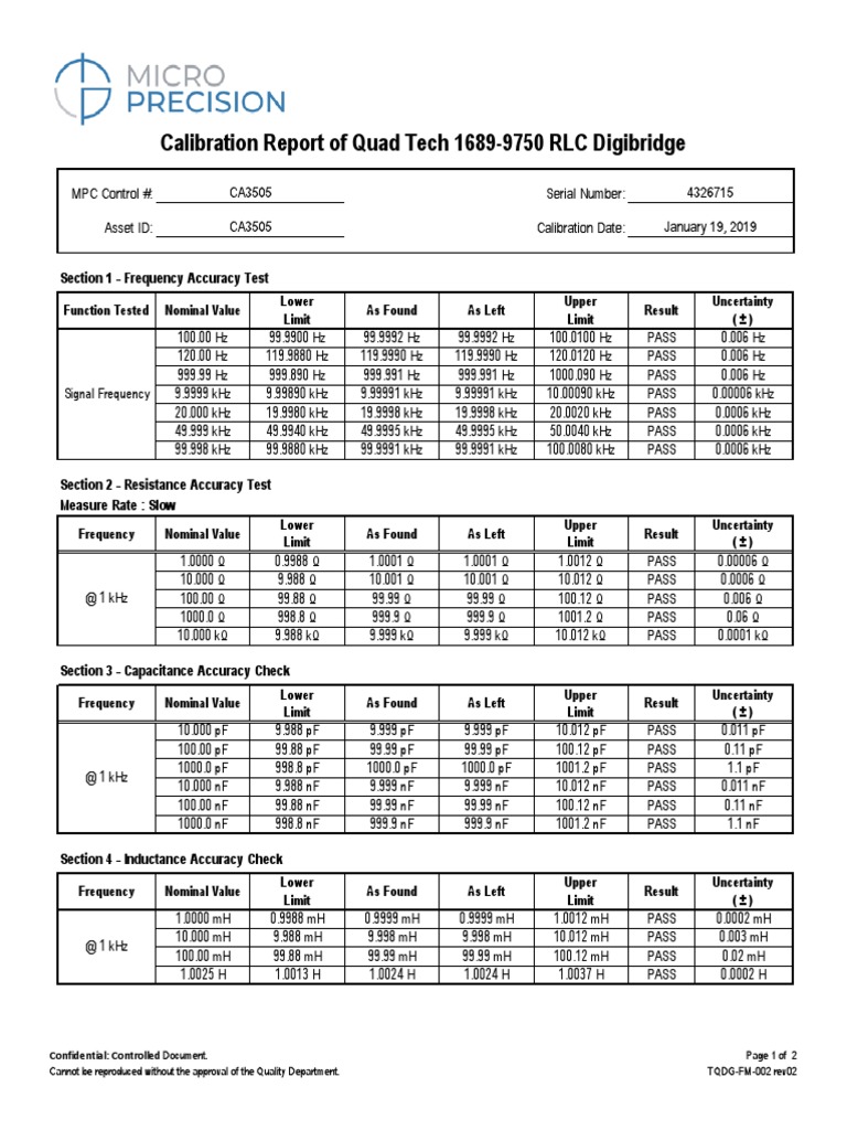 CA3505 QUADTECH 1689M RLC Digibridge PDF PDF Hertz Calibration