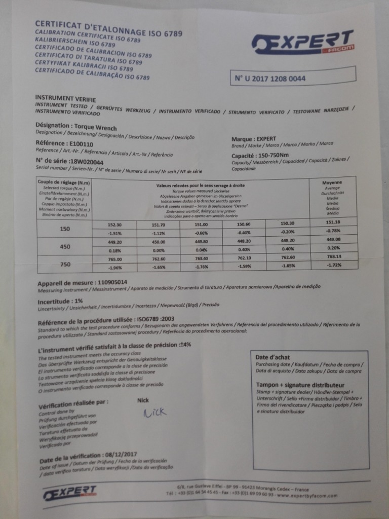 Torque Wrench Calibration Certificate | PDF | Torque